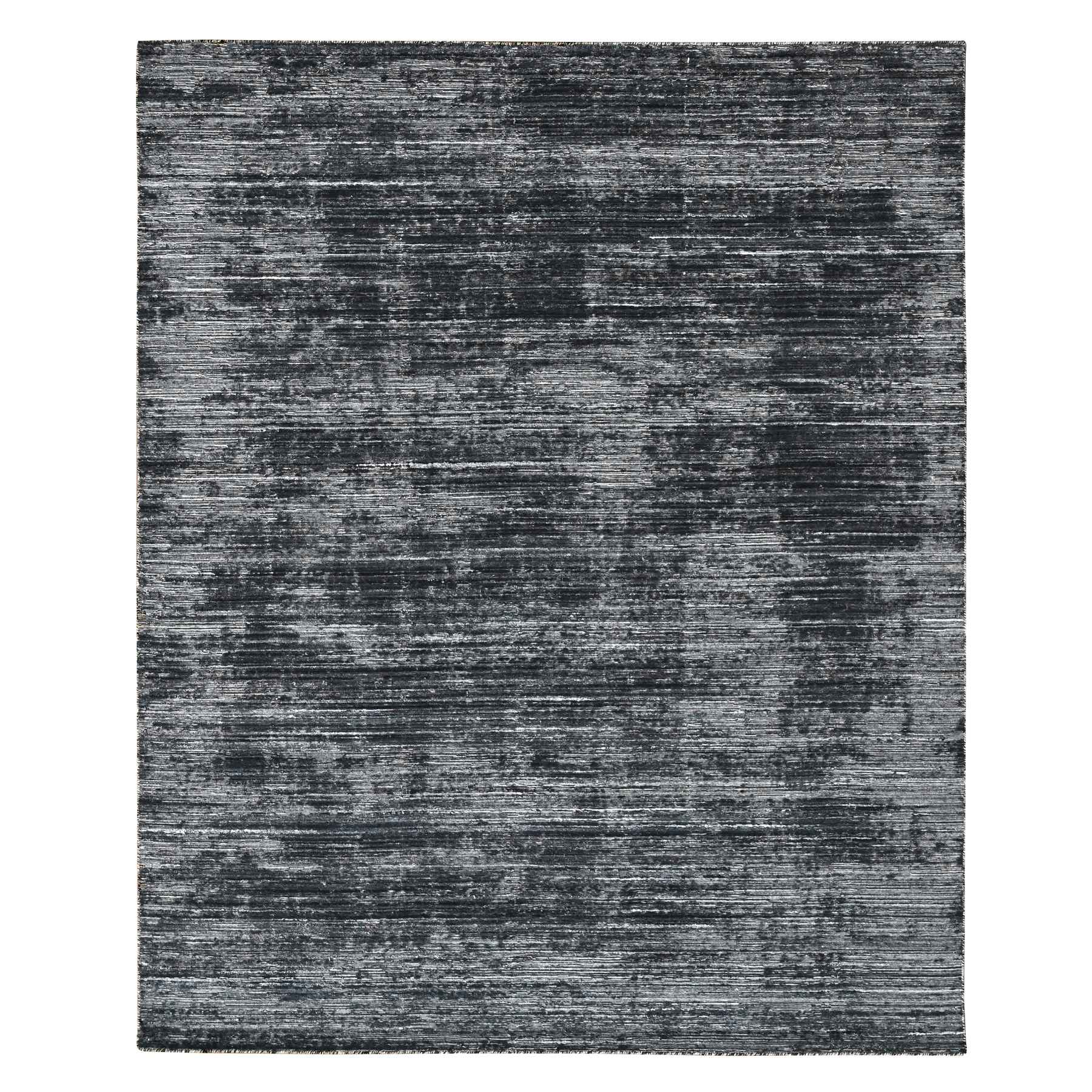 8'3"x10' Onyx Black with a mix of Ivory, Modern Design, Hand Loomed, Wool and Plant Based Silk, Textured Pile, Oriental Rug 